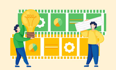 Businessman holding lightbulb balloon concept of get idea. Business creative intention flat vector. Man raised up burning light bulb overhead. Great idea business solution innovate technologyのイラスト素材