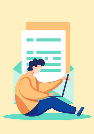 Office worker man sitting on the floor with a laptop. Businessman or a clerk working at his computer typing on keyboard flat style illustration. Student, enterpreneur performs work on a tablet pcのイラスト素材
