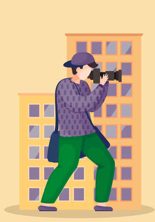 The guy standing and adjusting the lens. Photographic art. A cameraman prepares camera for a photo...