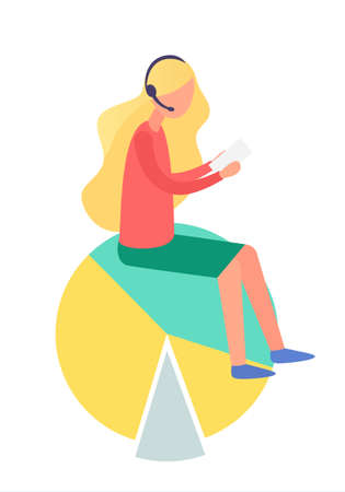 Blonde girl in headphones read interesting book. Person sitting and reading literature. Pretty woman on white background vector illustration in flat style. Student learn education. Read book and dreamのイラスト素材