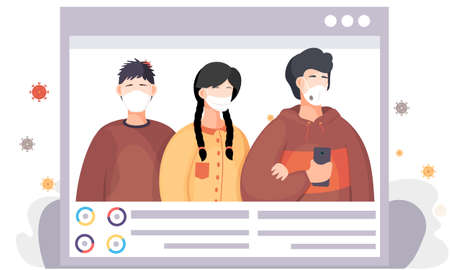 Group of people wearing protective medical face masks. Information page on the Internet about the...