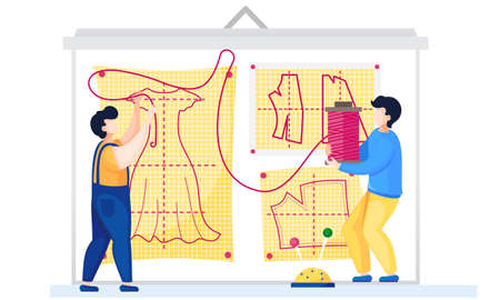 Men sewing a plan for future clothes. Fashion designers making a pattern on yellow paper. Future...