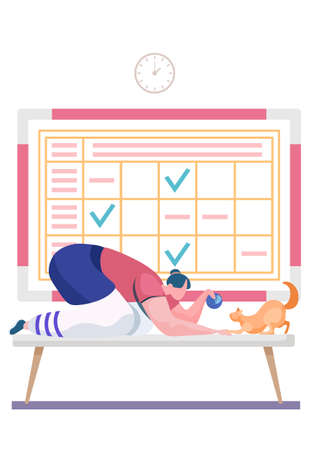 Female character playing with cat. Pet owner spending time with playful kitten. Woman showing ball of threads to kitty. Loving girl having fun with animal. Schedule with check marks on the backgroundのイラスト素材
