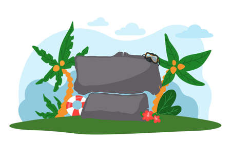 Stone sculptures and palm in Stone park. Stone stack of dol hareubang tourist attraction on Jeju Korean island vector illustration. Travel to South korea. Welcome to Jeju island. Vacation in Asiaのイラスト素材