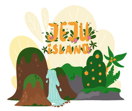 Banner with image of the main attractions of the south korean island Jeju and the inscription. Mountaine hallasan, waterfalls. Travel to South korea. Welcome to Jeju island. Vacation in Asiaのイラスト素材