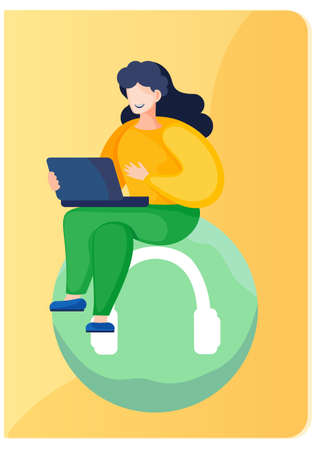 Businesswoman is sitting with opened laptop in hands. Woman is working on the computer. Working communicating process or meeting in office. Vector flat design illustration on yellow backgroundのイラスト素材