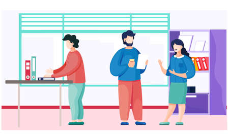 People dressed in casual clothes are sitting at the table with laptop and talking. Office workers...