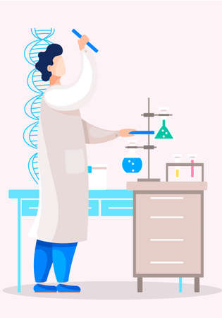 Male scientist researcher conducting an experiment in the laboratory. Research in the chemistry room. Man stands next to the table and works with reagents in test tubes and flasks. Chemist in the labのイラスト素材