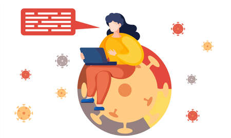 Woman with laptop sitting on virus sign, reading about coronavirus 2019-ncov flu. Health and Medical. Dangerous asian ncov corona virus. Vector illustration in flat style on white backgroundのイラスト素材
