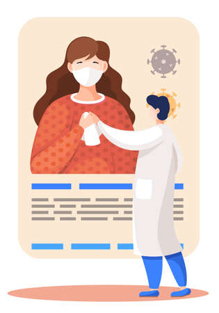 Doctor talking to patient in clinic with wearing medical face mask. New normal. Protect pandemic covid-19 corona virus, quarantine. A man in a white coat communicates with a woman about an illnessのイラスト素材
