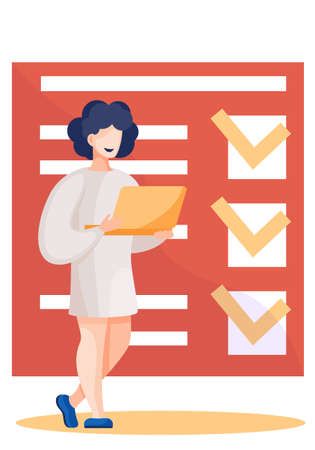 Medical doctor holding laptop standing near check up report. Vector document form health check with...