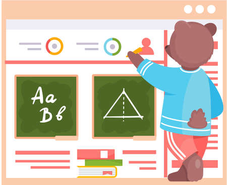 A smart bear schoolboy with chalk in hand is writing on a blackboard. Funny cartoon animal student. Pupil is drawing a triangle and solving a geometric task. Back to school concept, education themeのイラスト素材
