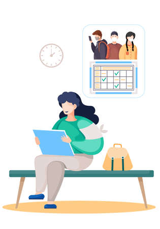 Girl sitting with laptop, reading news from computer about COVID-19 virus, cartoon vector. A woman gets acquainted with the epidemiological situation, reads about the symptoms of the diseaseのイラスト素材