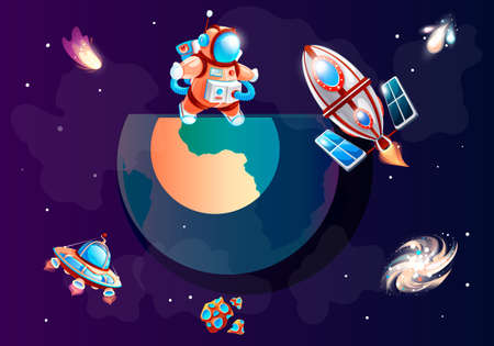 Cartoon rocket flies into space and blows fire. Travel across the galaxy and the universe. Astronaut in a spacesuit standing on planet. Outer space and black holes. Earth with dark sky on backgroundのイラスト素材