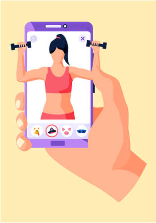 Female fitness blogger doing exercises and lifting dumbbells. Mobile phone with a photo in hand. Online sports in the gym with a trainer. Processing a picture of an athlete. Healthy lifestyle conceptのイラスト素材