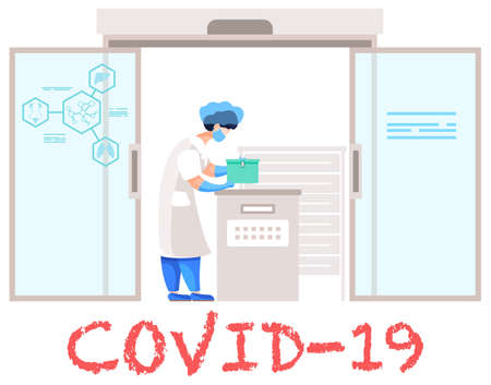 Scientific research. Chemical laboratory experiments during the virus covid-19. Girl in a lab coat is holding a box. Working with reagents and substances in vessels. Chemistry poster on backgroundのイラスト素材
