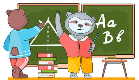 Smart bear schoolboy with chalk in hand is writing on a blackboard. Funny cartoon animal student. A sloth pupil with pen in hand is standing near the poster. Back to school concept, education themeのイラスト素材