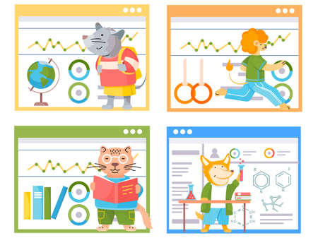 Animals in a classroom. Funny cartoon animals students mouse, lion, cat and fox. Back to school set. Characters of forest inhabitants get an education, studying with books, siting at a deskのイラスト素材