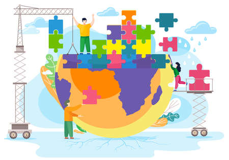 People help each other to make colorful planet. Nature and environment concept. The guy is raising his hands up. The man is holding a piece of puzzle. Lifts near the Earth. Girl standing on platformのイラスト素材