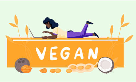 A girl with a laptop lies on an orange lettering and works or studies on her computer. Vegan concept. Freelance woman with ears of wheat on background. Coconut, walnuts, peanuts. Healthy lifestyleのイラスト素材
