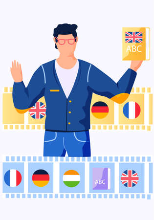 Online Internet language courses flat vector illustration. Foreign speech study at home using computer. Man teacher leads a lesson, conducts a distance class, helps to learn European languagesのイラスト素材