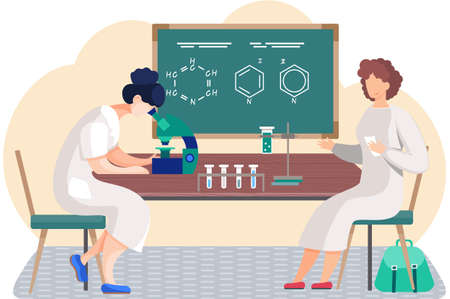 Woman looking through a microscope eyepiece. Female character is sitting with cards in her hands. Chemistry class in the school. A girl is conducting a research or experiment. Laboratory workのイラスト素材