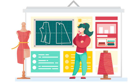 The girl looks at the mannequin and comes up with a design for a new dress. Atelier on tailoring. Woman seamstress against the background with image of the pattern. Designer at work with a garmentのイラスト素材