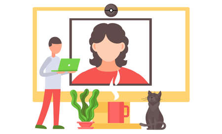 Online meeting workspace, videoconferencing. Video call chat conference illustration. Woman and man speaking over web camera via laptop and computer. People on computer screen talking with colleagueのイラスト素材