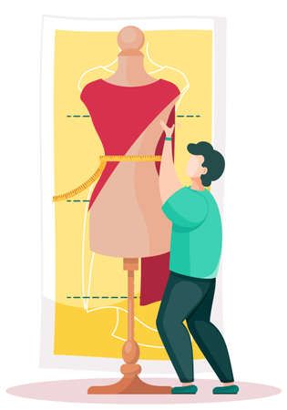 Man hold a red cloth and put it on a mannequin to create a dress. Seamstress is working on a model of a new fashionable dress. Big mannequin and tiny dressmaker. Custom tailoring. Guy measures a waistのイラスト素材