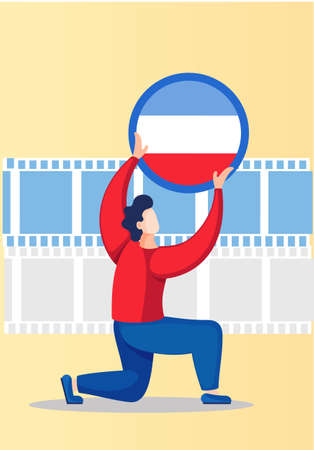 Yugoslav foreign language courses. Vector illustration with a man holding Yugoslavia word flag in circle frame. Perfect for network advertising or language school. Online education, speaking clubのイラスト素材