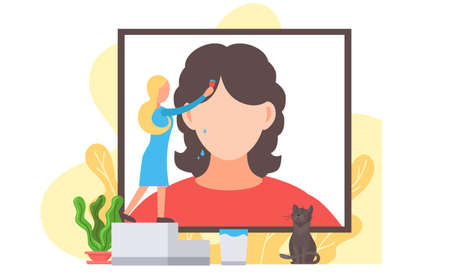 Beautiful artist young girl painting portrait of brunette woman, drawing is a favorite hobby. Cat viewer watching the work of the designer. Creative female person painting a big picture on the wallのイラスト素材
