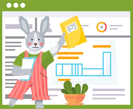 Lovely cute hare schoolboy with notebook in hands is showing an exercise book. Funny cartoon animal student. Back to school concept. Active rabbit pupil completed all tasks and is ready to answerのイラスト素材