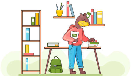 Lovely cute beaver schoolboy with notebook in hands is standing at a desk in room with bookcase with shelves. Back to school concept. Active marten pupil completed all tasks and is ready to answerのイラスト素材