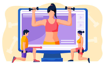 Man and woman athletes doing lunges with dumbbells in their apartment. People repeat exercises behind a girl trainer on a computer monitor. Sports video blog. Online training. Workout at homeのイラスト素材