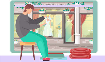 Man leads a family blog, sitting near monitor with bridal salon storefront. Wedding dress shop, woman bride. Mannequin in elegant bridal clothes collection at cartoon showcase, fashionable boutiqueのイラスト素材