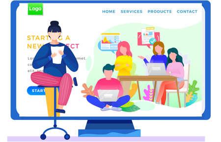 Startup, successful teamwork, group of young people with laptops working together, communicating. Businessmen develop joint idea, business project landing page template, project management conceptのイラスト素材