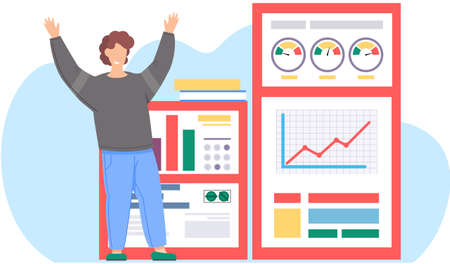 Man preparing to submit a progress report. Character stands near charts and graphs with statistical data. Male joyfully raised his hands up, happy with the result. Page with diagrams and explanationのイラスト素材