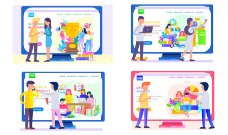 A man watching a video blog about education and data analysis in business landing page template. Office staff meeting, company employees. Young people sitting with laptop next to stacks of booksのイラスト素材