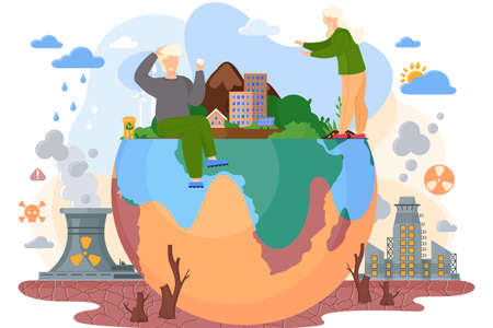 Planet with green trees and bushes surrounded by a lifeless land with cracks, environmental...