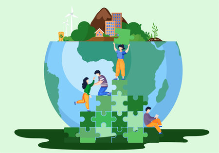 Tiny people saving world ecology. People climb the green mountain from blocks of puzzles and joyfully raise their hands up near big globe. Earth day environment saving and nature care conceptのイラスト素材