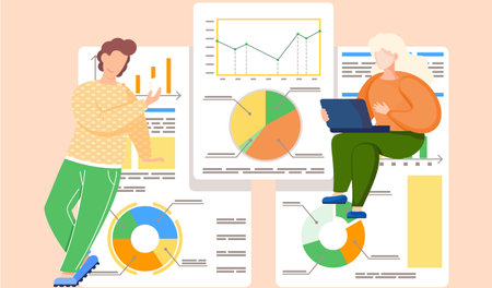 Coworking office and employees sharing working space. Woman typing on laptop, man reports standing near presentation with charts talking to colleague. Business meeting, conference, formal discussionのイラスト素材