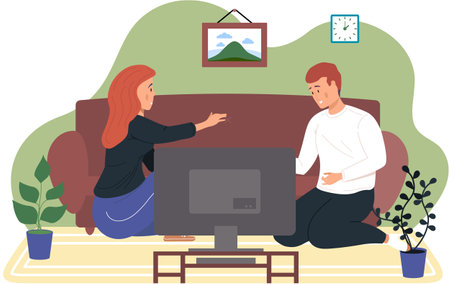 The couple is sitting at home and watching TV. Young people communicate and spend time together. The girl looks at her boyfriend and holds his hand. Joint viewing of cinema in the apartmentのイラスト素材