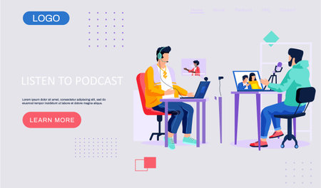 People communicate through podcasts and webinars. Men in recording studio webpage template. Internet technology landing page, characters speaking into the microphone, guys talking at a distanceのイラスト素材