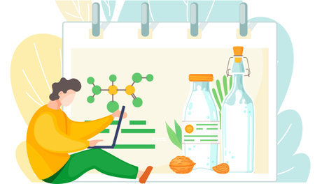 A man sitting with a laptop and studying vegan milk formula, organic and healthy cow beverage alternative. Vegetarian almond, oat, rice, soya and hazelnut water. Delicious raw white drink in bottlesのイラスト素材