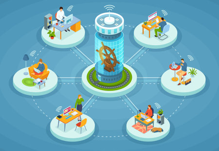 Remote working and networks. Professional business teleworkers connecting online and working from home for corporate company. Global outsourcing, distributed team, freelance job. Remotely by leaderのイラスト素材