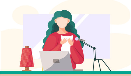 Girl in a red sweater sits at the table, shoots video and text from paper on a microphone. The woman reads the message and shoots it against the background of a large window next to a spool of threadのイラスト素材
