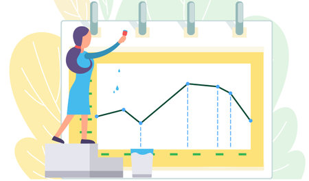 Woman draws an increasing graph in a large notebook. Presentation of business development or investment growth. Analysis report on graph. Vector flat businesswoman analyzes statistical indicatorsのイラスト素材