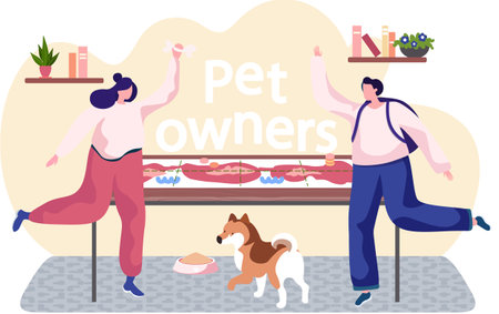 Young woman is playing with her dog, training the animal in her apartment. Trainer holding bone in her hands. Rehearsal with a pet at home. Pet ownership concept. Owner plays with the cute puppyのイラスト素材