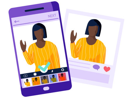 Afro american girl is waving hand on phone screen. Female character in a yellow sweater is standing...