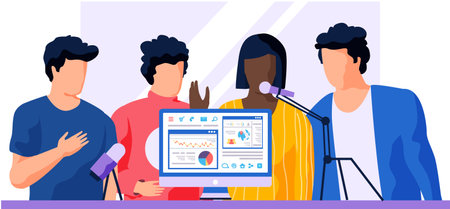 Colleagues are recording track. People working with data and business statistics. Characters at computer make calculations and study economics. Afro american girl singing a song into microphoneのイラスト素材